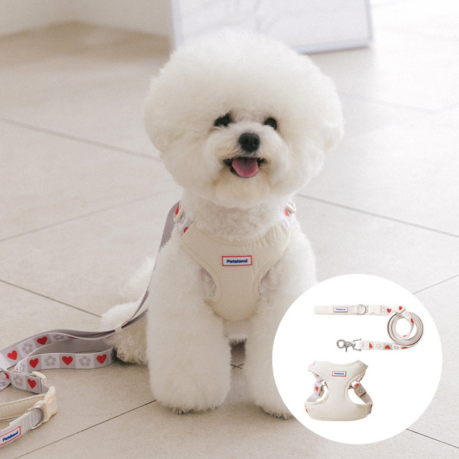 PETSLAND 狗狗 Heart Pop 胸背帶 + 免持牽繩組, 1組, 香草奶油白