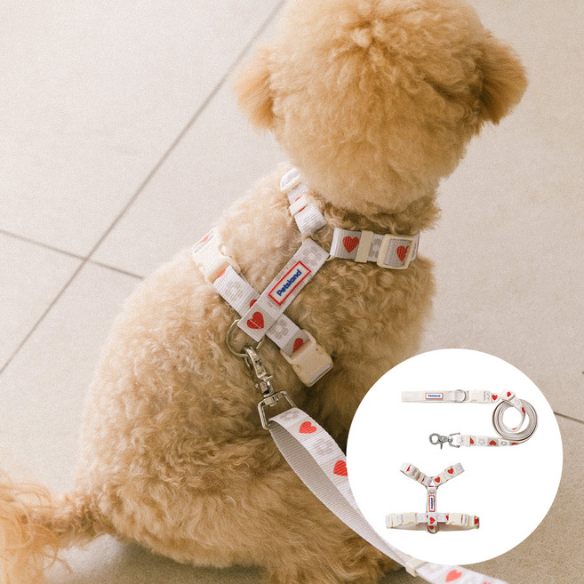 PETSLAND Heart Pop H型胸背帶 + 免持牽繩組, 香草奶油, 1個