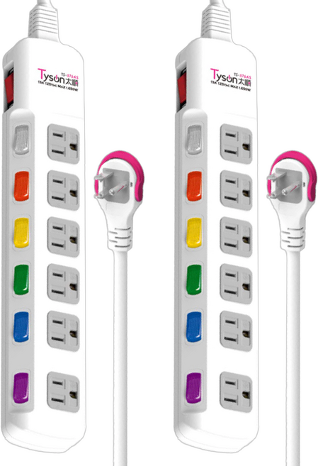 Tyson 太順電業 3孔7開6插防雷擊延長線插座 TS-376AS, 2條, 1.8m, 白色
