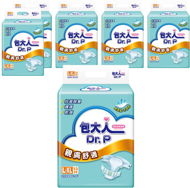 Dr.P 包大人 親膚防漏黏貼型紙尿褲, L-XL(腰圍40-55吋), 13片, 6包