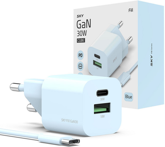 SKY Feel GaN30 方塊 30W 雙埠 PD PPS 快速充電器 + CtoC 充電線組, 1套, 藍色