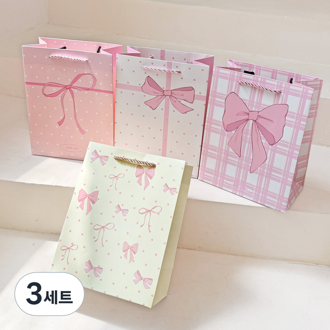 Lead home 精美粉紅緞帶生日禮物回禮紙質購物袋4件組, 3套, 混合色