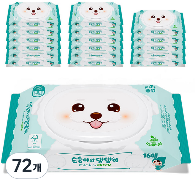 Soondoongi 順順兒 寵物順順與狗狗 優質綠色中性濕紙巾 便攜式, 16入, 72個