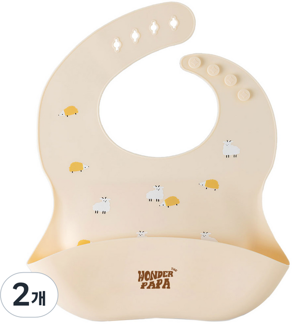 WONDER PAPA 孩童矽膠防水副食品圍兜, 1個, 2個, 奶油黃(羊群款)