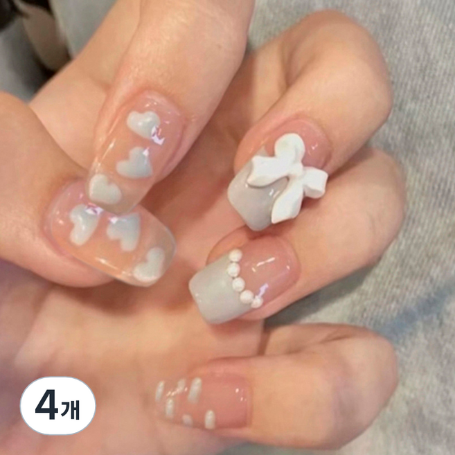 BARNA 方形美甲片, SQ 15 奇趣蝴蝶結愛心, 4個