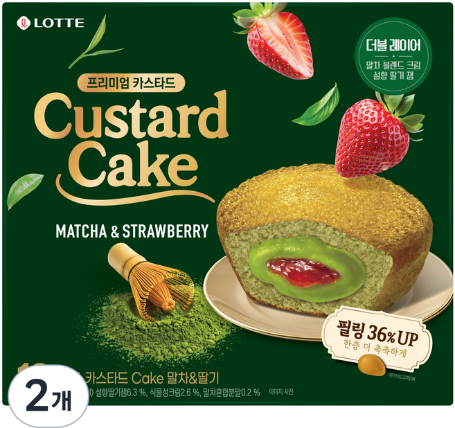 LOTTE 樂天 Custard 蛋黃派 蛋糕 抹茶 & 草莓, 288g, 2個