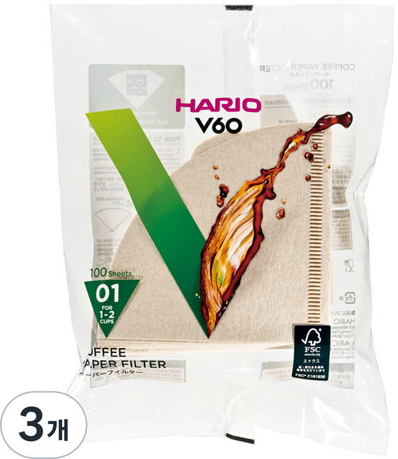 HARIO 好璃奧 咖啡濾紙 VCF-01-100M, 100入, 3個