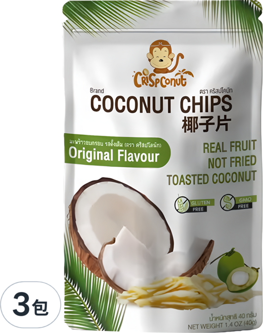 Crispconut 猴子 椰子脆片 原味, 40g, 3包