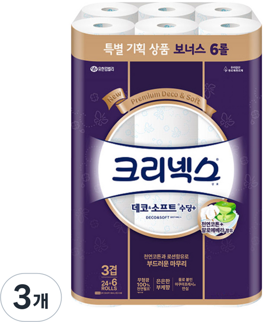 Kleenex 舒潔 3層 Deco & Soft 舒緩Plus 天然紙漿 高級捲筒衛生紙, 25m, 30入, 3個