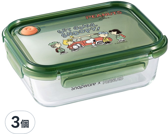 Corelle Brands 康寧餐具 Snapware SNOOPY 露營趣 耐熱玻璃保鮮盒 1090ml, 保鮮盒 + 蓋子, 3個