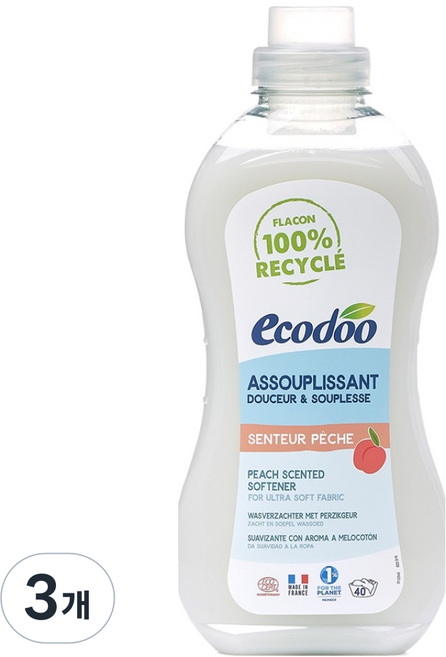 ecodoo 衣物柔軟精 蜜桃, 3個, 1L