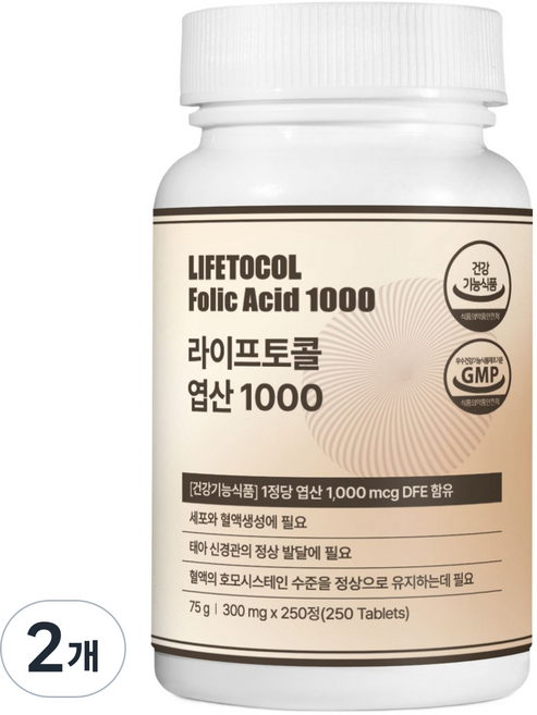 LIFETOCOL 葉酸 1000, 250錠, 2個