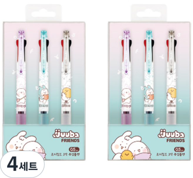 JAVAPEN Jjuba Friends Jjuba 3色 超低黏度油性 3色原子筆 0.5mm 3入組, 4套, 白色, 薄荷綠, 紫色