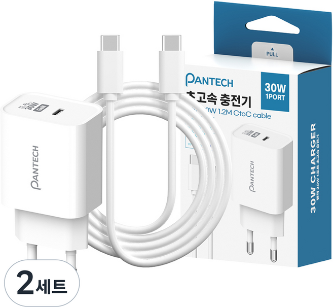 PANTECH 30W 1埠超高速充電器 + 60W 1.2m C to C 充電線組, 白色, 2套