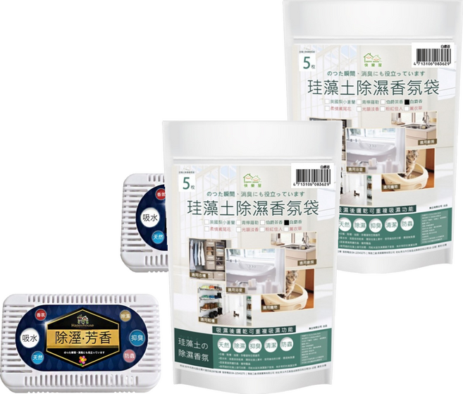 HAPPY HOUSE 快樂屋 珪藻土除濕香氛袋 5個裝 + 除濕盒 白麝香, 100g, 2套