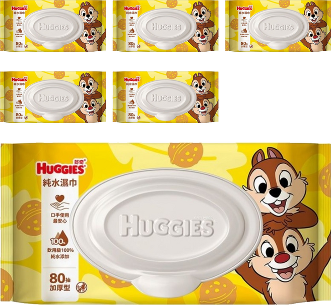HUGGIES 好奇 純水濕巾 加厚型 奇奇蒂蒂 加蓋款 40570, 6個, 80張, 60gsm