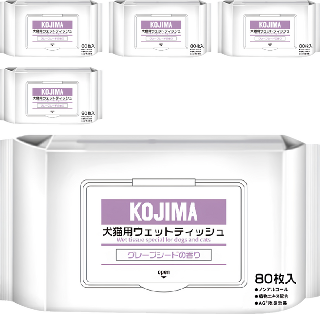 KOjIMA 犬貓用 果物清香 寵物濕巾 80張, 5包, 1入