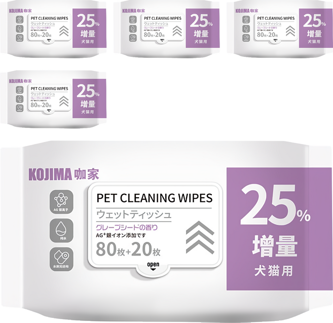 KOjIMA 犬貓用 果物清香 寵物濕巾 100張, 1入, 5包