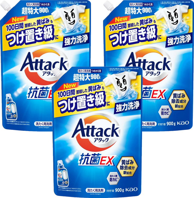 Attack 一匙靈 強效洗衣精補充包 強效清潔去泛黃, 900g, 3個
