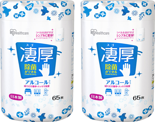 IRIS OHYAMA 愛麗思歐雅瑪 除菌極厚濕紙巾酒精型瓶裝 WTB-65A, 7g, 65個裝, 2組