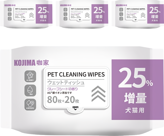 KOjIMA 犬貓用 果物清香 寵物濕巾 100張, 1入, 4包