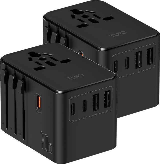 TUNO 圖諾 70W 氮化鎵多國旅行充電轉接器, 黑色, 2個