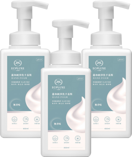 ECOLUXE 艾蔻斯 溫和純淨洗手慕斯 無香味, 3件, 450ml