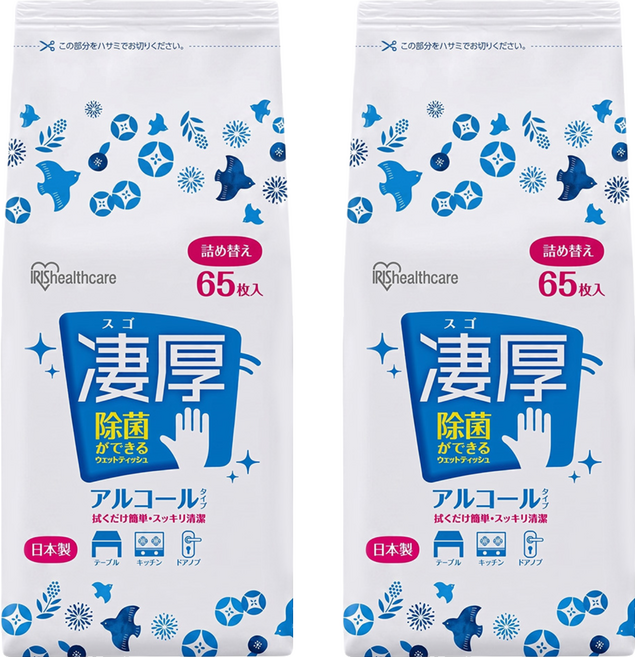 IRIS OHYAMA 愛麗思歐雅瑪 除菌極厚濕紙巾酒精型補充包 WTT-65A 65張, 2套, 1個裝, 5g