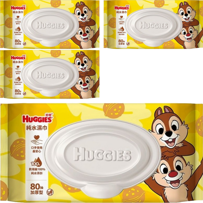 HUGGIES 好奇 純水濕巾 加厚型 奇奇蒂蒂 加蓋款 40570, 4個, 80張, 60gsm