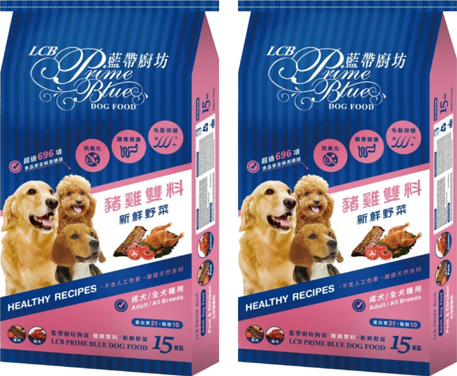 LCB 藍帶廚坊 成犬用 狗飼料, 15kg, 2個, 豬雞雙料