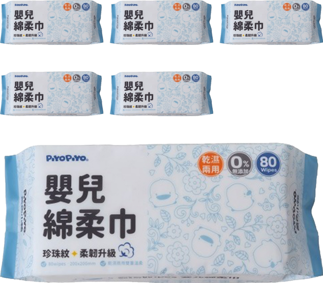 PiYOPiYO 黃色小鴨 珍珠紋柔韌升級嬰兒綿柔巾, 80張, 6包