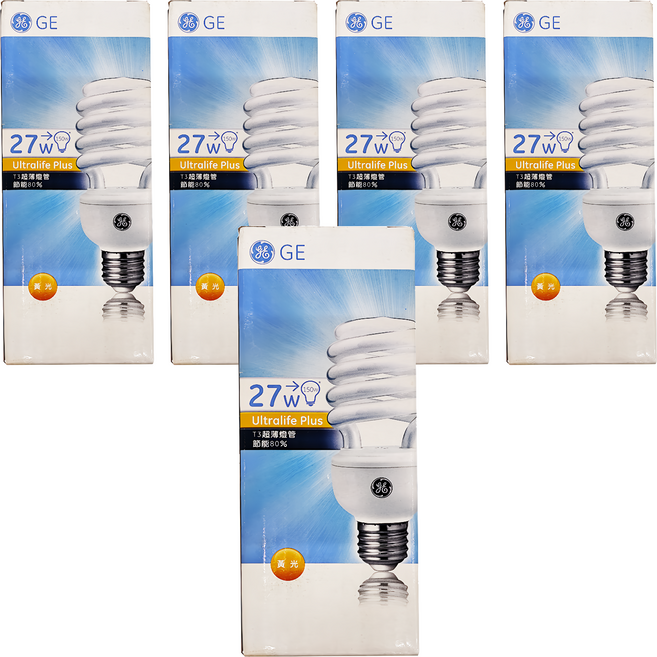 GE 奇異 高功率t3 螺旋型省電燈泡 27W, 黃光(2700K), 5個