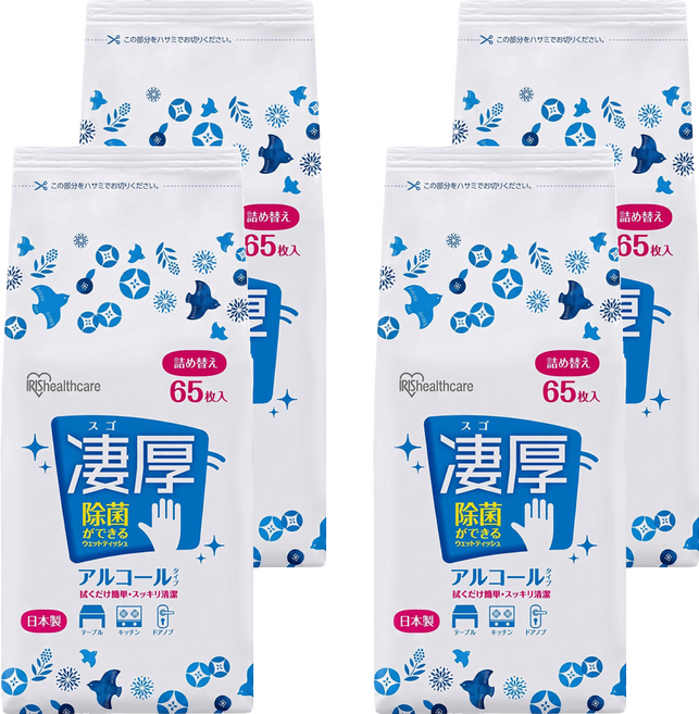 IRIS OHYAMA 愛麗思歐雅瑪 除菌極厚濕紙巾酒精型補充包 WTT-65A 65張, 4套, 1個裝, 5g