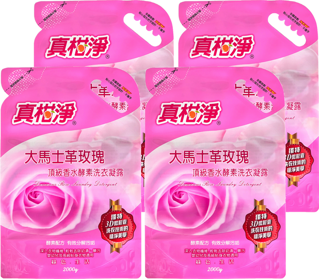 真柑淨 大馬士革玫瑰香水酵素洗衣凝露 補充包, 2kg, 4個
