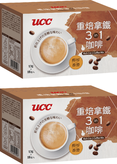 ucc 重焙拿鐵3合1咖啡, 13g, 2個, 18個裝