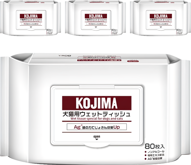 KOjIMA 寵物濕巾 犬貓用 150 x 200mm, 80個裝, 4個
