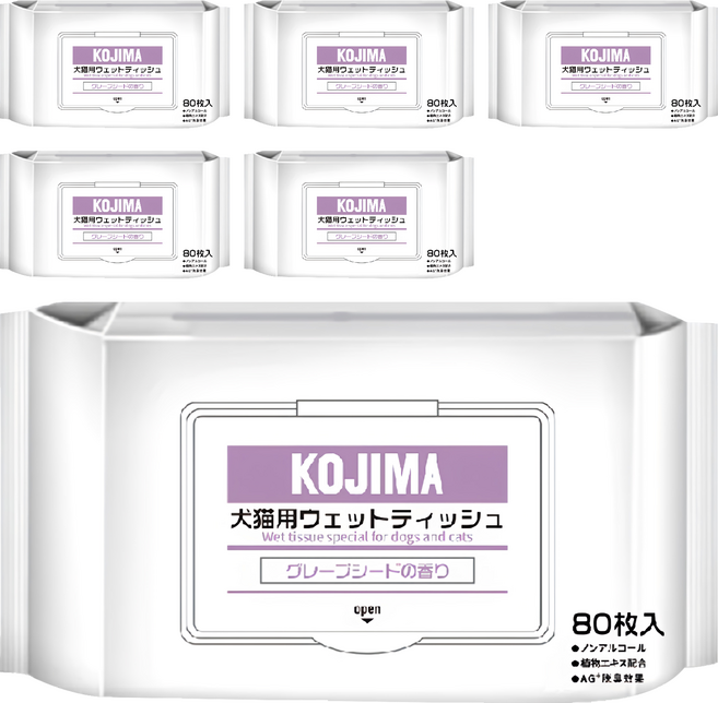 KOjIMA 犬貓用 果物清香 寵物濕巾 80張, 6包, 1入