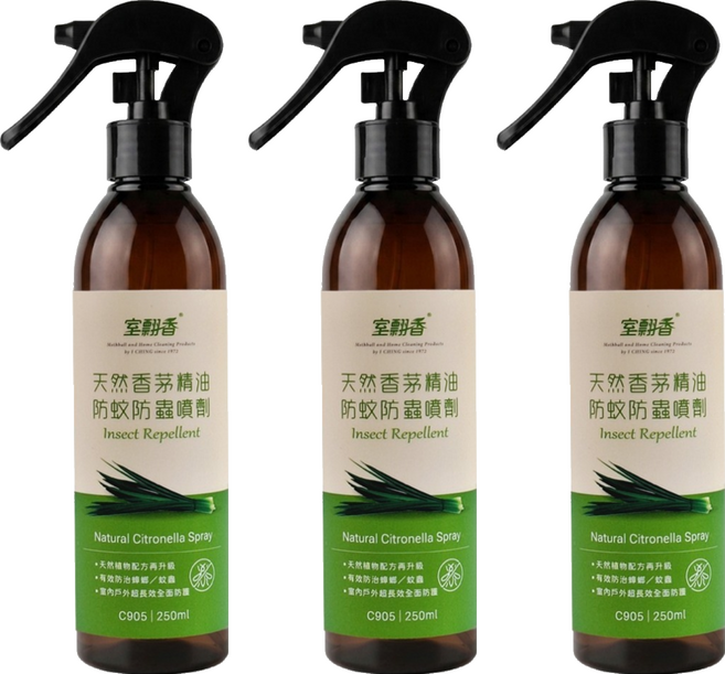 室翲香 天然香茅精油防蚊防蟲噴劑 250ml, 3個, 1個裝