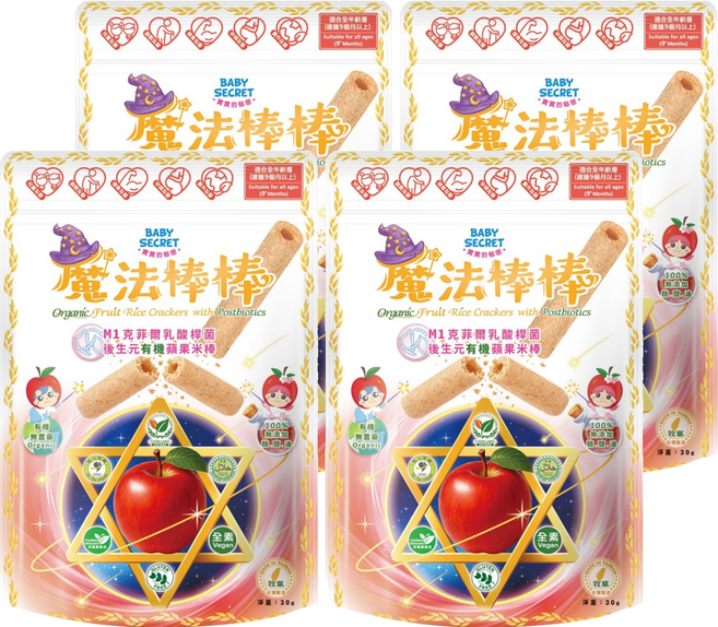 BABY SECRET 寶寶的秘密 有機米棒, 30g, 4個, 蘋果