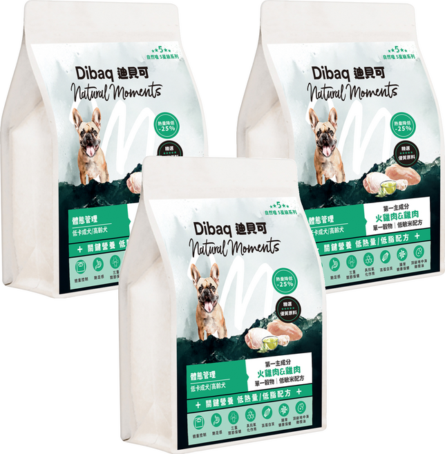 Dibaq Natural moments 自然嗑 5星級系列犬糧 低卡成犬/老犬配方, 300g, 3個, 火雞肉 + 雞肉
