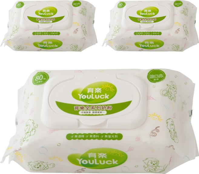YouLuck 育樂 護膚柔濕巾 80張, 3個, 1個裝, 6.2g