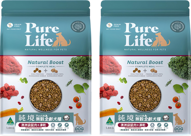 Pure Life 純境 全齡犬用 無穀糧, 澳洲袋鼠肉 + 凍乾, 1800g, 2袋