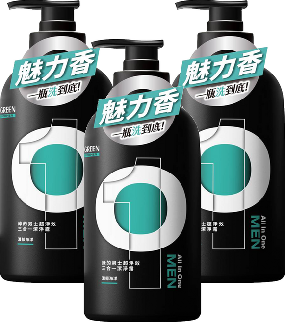 GREEN 綠的 男士三合一潔淨露 魅力香, 3個, 500ml