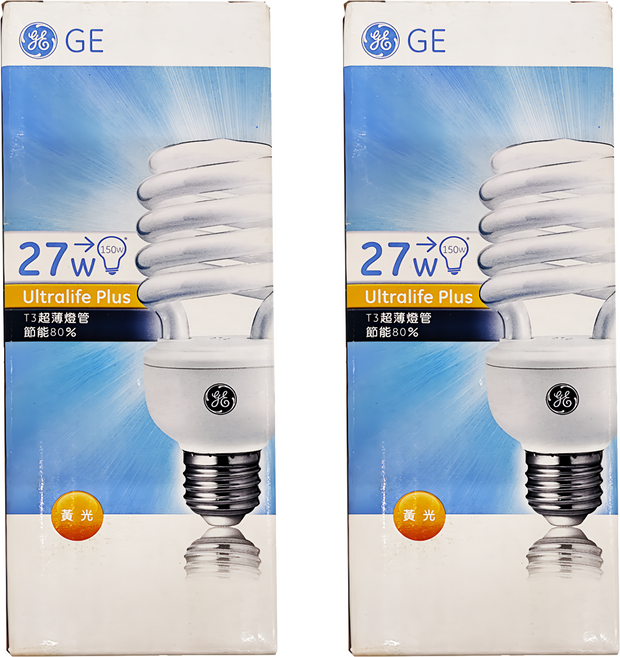 GE 奇異 高功率t3 螺旋型省電燈泡 27W, 黃光(2700K), 2個