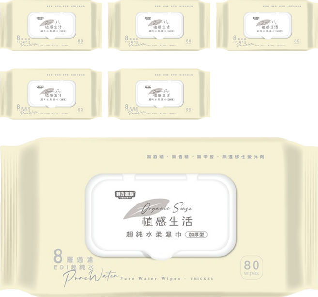 植感生活 Organic Sense 超純水柔濕巾 加厚型80抽, 6個, 80張, 6.1g