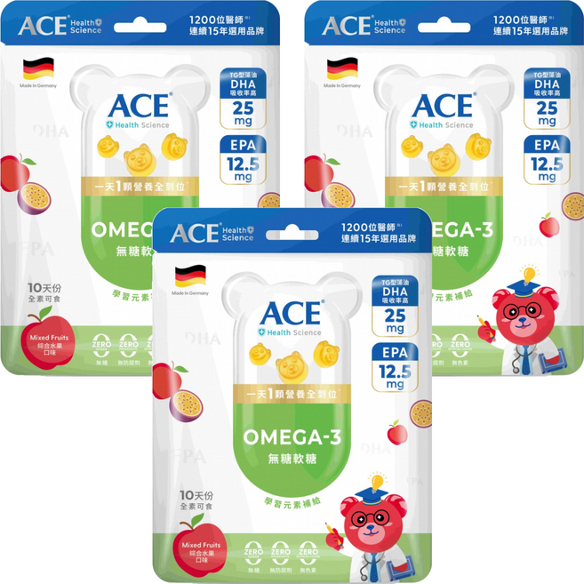 ACE Science 無糖OMEGA-3軟糖 10顆, 20g, 3個
