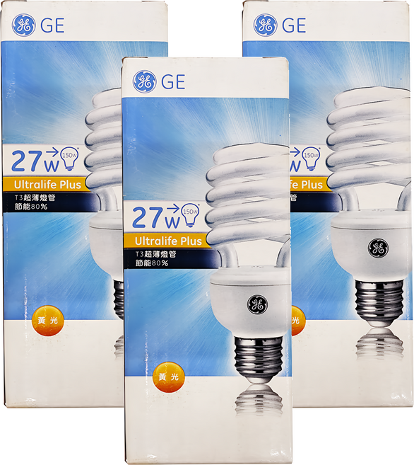 GE 奇異 高功率t3 螺旋型省電燈泡 27W, 黃光(2700K), 3個