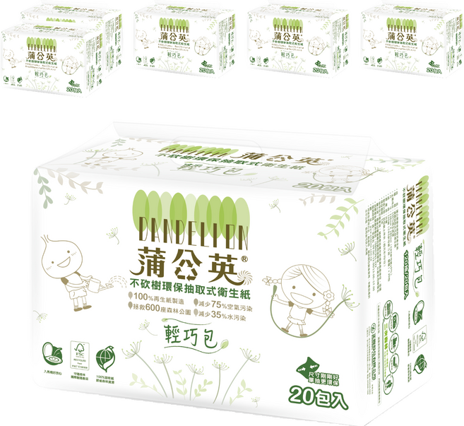 蒲公英 環保抽取式衛生紙輕巧包 120抽, 20包, 6袋