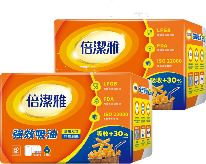 倍潔雅 強效吸油料理廚房捲筒式紙巾, 2套, 6捲