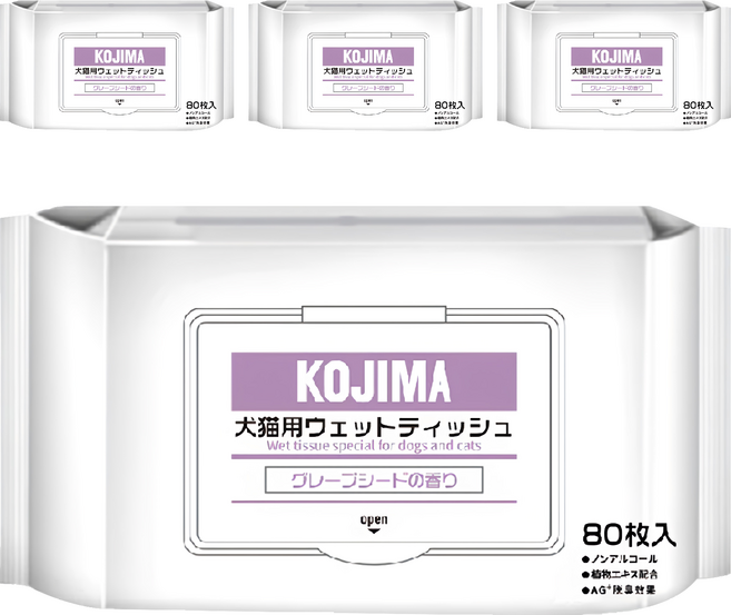 KOjIMA 犬貓用 果物清香 寵物濕巾 80張, 4包, 1入